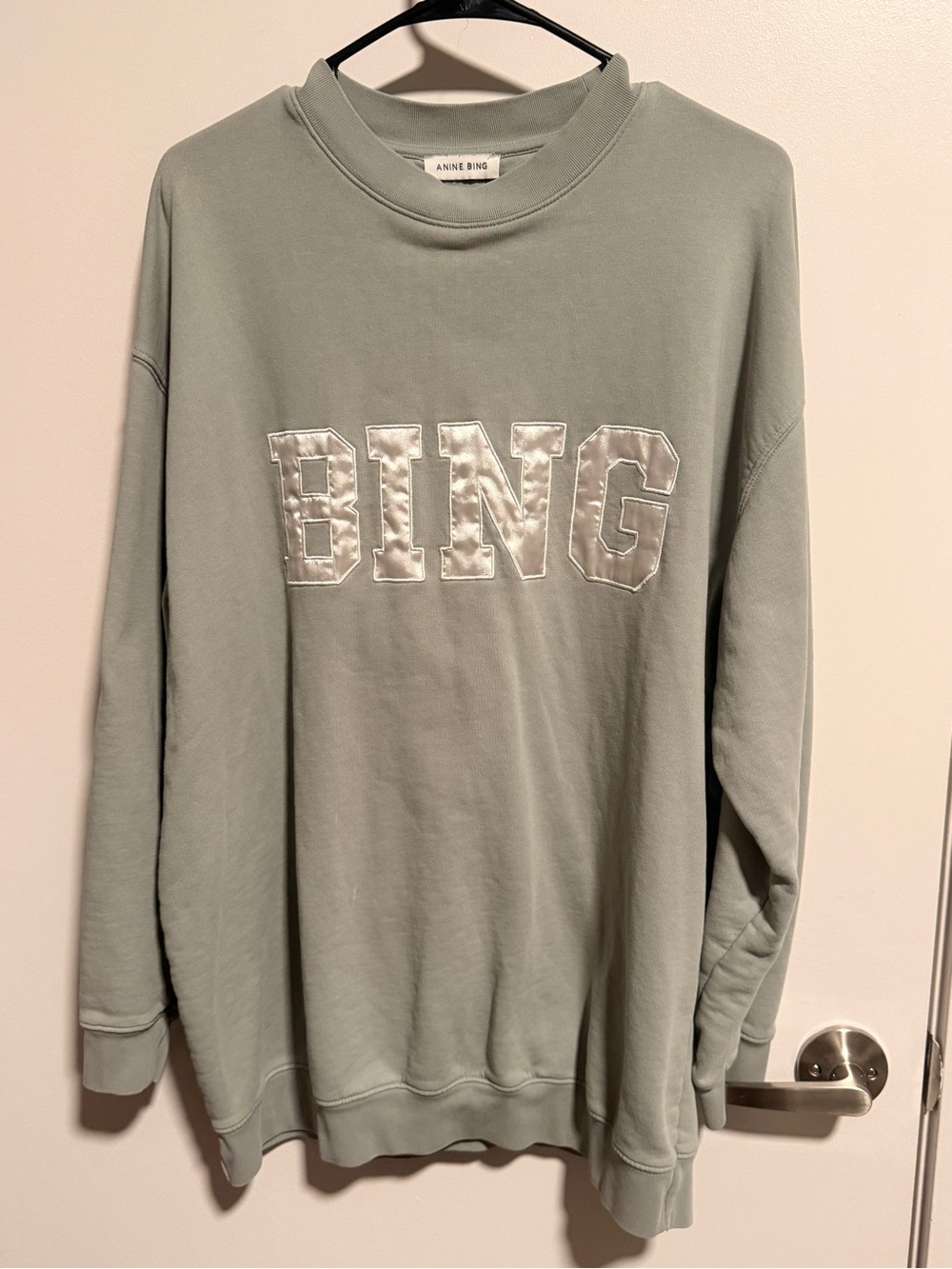 Anine Bing Sage Green 'BING' Satin Logo Crewneck Sweatshirt Oversized